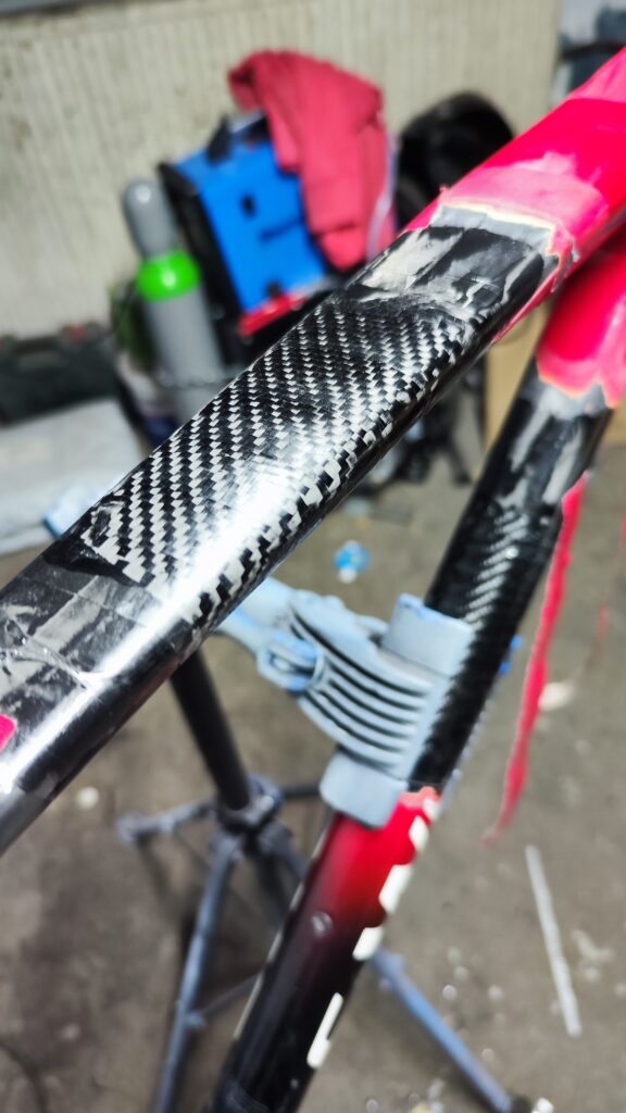 repaired carbon bike frame ready for painting
